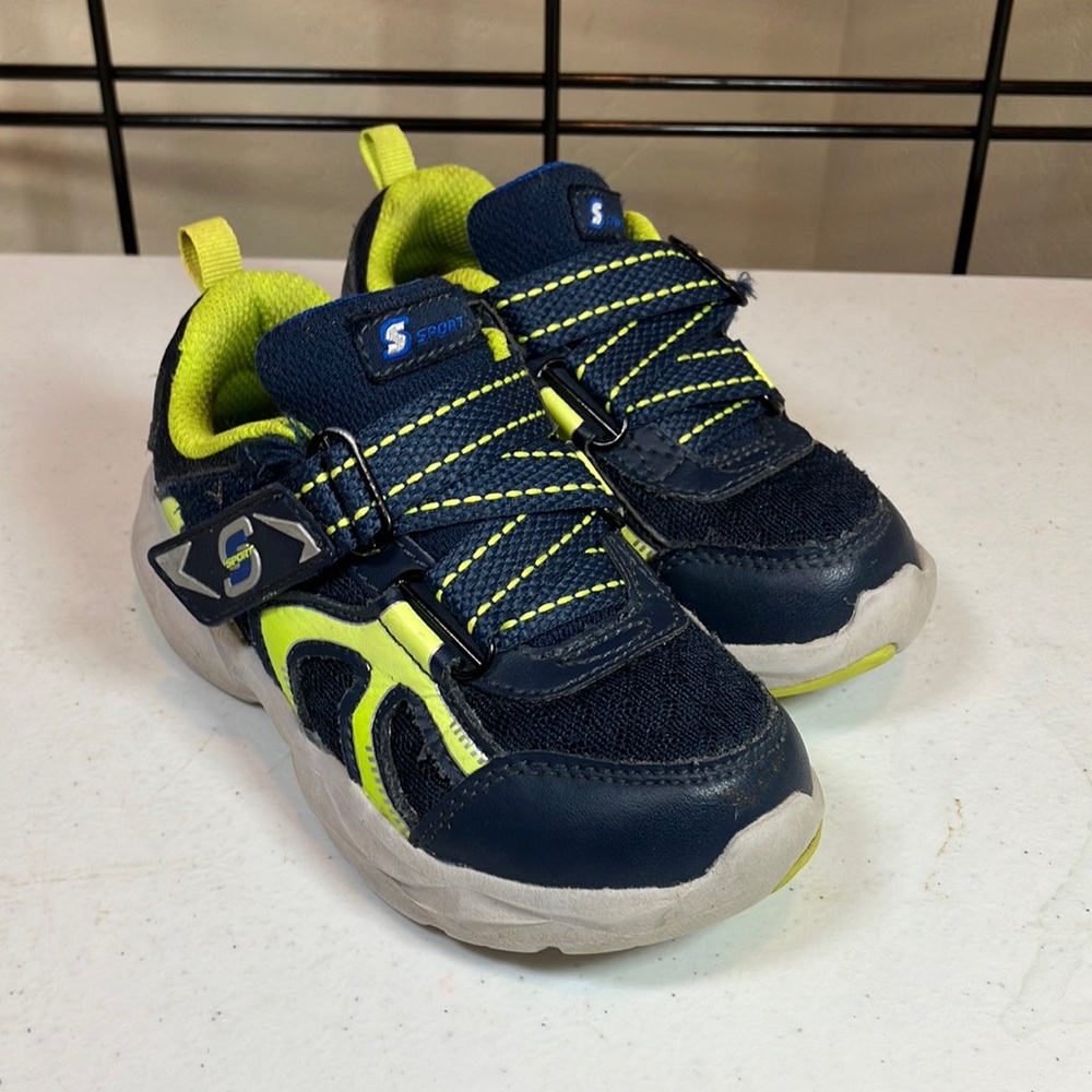 Good-VG Toddler Boys S Sport by Sketchers Size 9 Navy & Lime, Leather, Textile